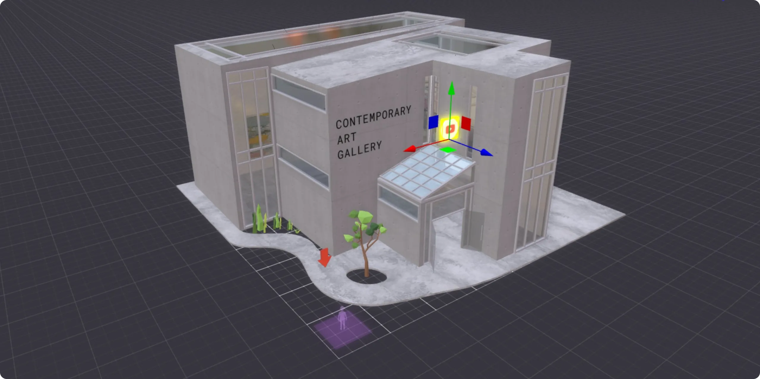 3D render of a contemporary art gallery built in Decentraland's Creator Hub
