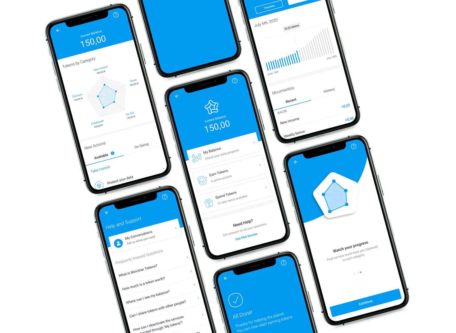 Mockups of Movistar Rewards Program tokens and campaign screens