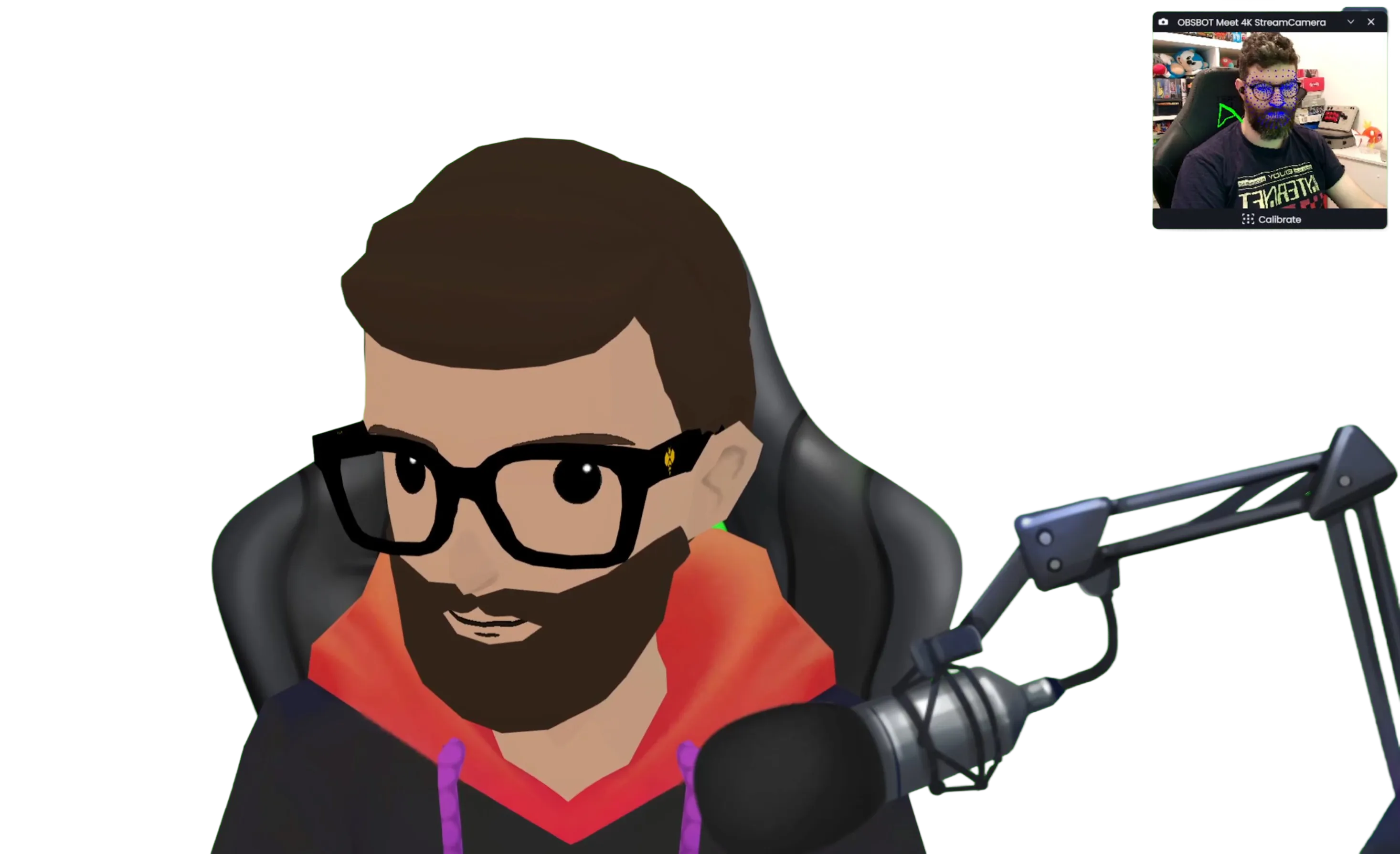 Illustrated VTuber streamer wearing headphones at a desk with a microphone